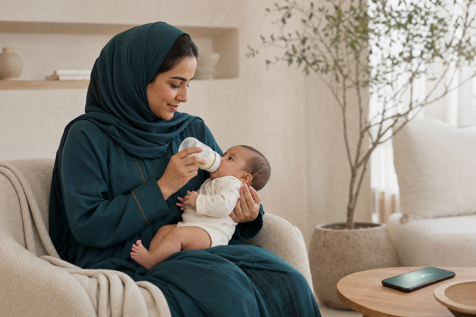 A mother feeding her baby while logging the feed one-handed on her phone